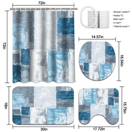 Lnond 4Pcs Bathroom Sets with Shower Curtain and Rugs, Blue White Abstract Bathroom Shower Curtain Sets, Blue Modern Art Bathroom Sets with Rugs and Accessories