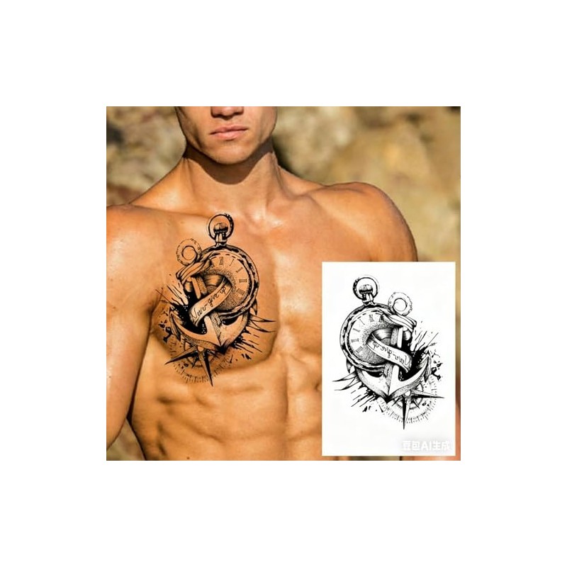 5 Pictures Anchor Tattoo Compass Clock Lettering Temporary Skin Tattoo