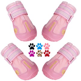 QUMY Dog Shoes for Large Dogs, Medium Dog Boots & Paw Protectors for Winter Snowy Day, Summer Hot Pavement, Waterproof in Rainy Weather, Outdoor Walking, Indoor Hardfloors Anti Slip Sole Pink 6
