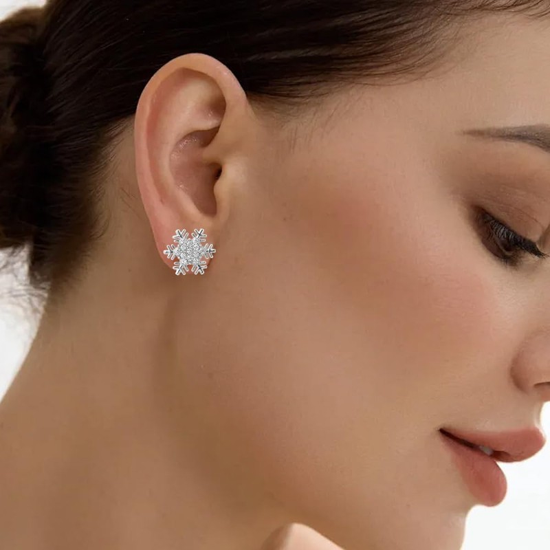 Snowflake Earrings - Christmas Flower Shaped Crystal Stud Pierced Earrings
