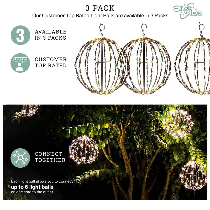 Elf Logic 3 Pack 12” Outdoor/Indoor LED Christmas Light Balls.