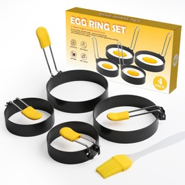 Komost Egg Rings Set of 4 with Oil Brush, 3 Inch & 4 Inch Non-Stick Stainless Steel Pancake Rings with Silicone Handle for Perfect Egg Shapers, Frying Egg, Omelette, Sandwich