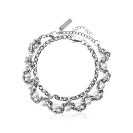 IDOKAWA Faux Pearl Chain Bracelet for Women Men White Stainless Steel Link Cuff Bridal Wedding Christmas Valentine's Day Mother's Day Anniversary Birthday Jewelry Gifts Box for Her Him