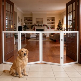 Foreng Extra Wide Clear Dog Gate 31" Tall Clear Acrylic Freestanding Dog gate Transparent Pet Gate for Doorways Stairs 4 Panel(55"-92" W)