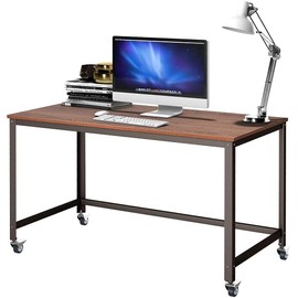 Topment Freestanding Computer Desk, Studying Writing Table with Four Lockable Casters, Gaming Desk with Wide Desktop, Home Office Desk with Steel Frame (Walnut)