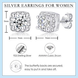 Deyanse Silver Stud Earrings for Women Girls, Cubic Zirconia Square Stud Earrings, Hypoallergenic Sterling Silver Post Earrings, Cartilage Sleeper Ear Studs, Small Flat Ear Jewellery with Gift Box