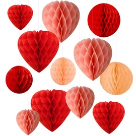 12 PCS 15/20/30cm Honeycomb Balls, Red and Peach Pink Heart and Round Paper Honeycomb Ball Decorations, Paper Hanging Kit for Valentines Day Decorations Wedding Anniversary Decor