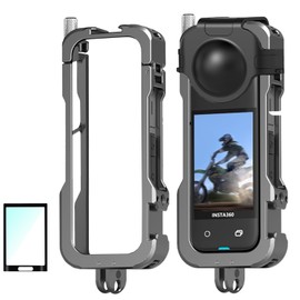 HAFOKO Aluminum Alloy Frame Cage for Insta 360 X4 Metal Protective Cage Housing Expansion Case with Cold Shoe for Insta 360 X4 Accessories with Lens Cap+Screen Protector