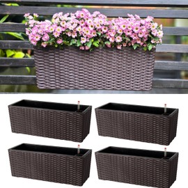 LaLaGreen Deck Railing Planter Box (4 Pack, 20 Inch) Brown Rectangular Window Flower Boxes with Bracket, Self Watering System Hanging Planter Box for Outdoor Plant Container Herb Rail Fence Balcony