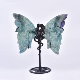 JIC Gem Large Amazing Gemstone Feather Fluorite Crystal Butterfly Art Decorative Healing Crystal Slices Carved Angel Wings with Stand Office Home Decor Reiki Crystal Gifts (1pair, 17-18cm)