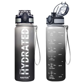 NAVTUE Water Bottle, 16oz Sports Water Bottles with Time Marker Wide Mouth, Motivational and Leakproof Drink Bottle, BPA Free Tritan with Carry Strap for Gym Fitness Outdoor(Direct Drink)