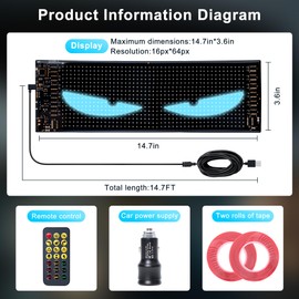 Ligrel 2PCS 14.7"x3.6" LED Eyes for Car Windshield - Devil Eyes Light Strips with Dynamic Patterns, APP/Remote Control, IP68 Waterproof, USB-Powered for Cars/Trucks/RVs/Motorcycles
