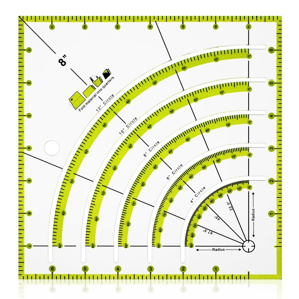 Nogeqi 8 Inch Acrylic Fabric Ruler, Dual Purpose Measuring Arc