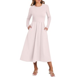 ANRABESS Women's Long Sleeve Midi Dress 2025 Fall Fashion Patchwork Ribbed Knit Tight Top Casual Flowy Swing Dresses Pockets Beige Large