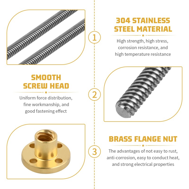 2-Piece 200mm Tr8x8 Thread Spindle Set with Acme Thread for