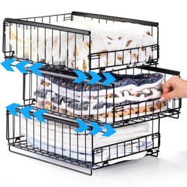 Noamus 3 Packs Sliding Closet Organizers, Metal Stackable Drawer Storage Shelves, Pull Out Clothes Storage Baskets, Foldable Container Bins for Jean Pants Sweaters, Wardrobe Cupboard, Black