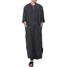 Men's Kaftan Round Neck Long Sleeve Kaftan Men Muslim Robes Abaya Dubai Arabic Islamic Prayer Clothing Ethnic Robes Long Sleeves Plain Kaftan Indian Islam Traditional Costumes, gray