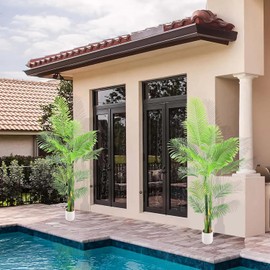 MCTYBB Artificial Fake Palm Tree 7FT 2Pack with White Planter & Free Moss, UV Resistant Artificial Palm Tree for Outdoors, Fake Plants for Poolside Home Room Decor, Faux Plants Outdoor Decor