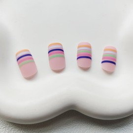 KKUUOO Press on Nails Medium,Square French Fake Nails with Colorful Line Design Full Cover False Nails Cute Matte Nails Glossy Glue on Nails Stick on Nails Artificial Nails for Women Girls 24Pcs