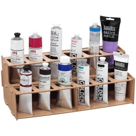 HG Art Concepts Mezzo Artist Paint and Brush Rack - Wood Grain Laminate Multi Layer Desk Stand Professional Storage Display Organizer for Paintbrushes and Paint Tubes - Large Paint Tube Rack