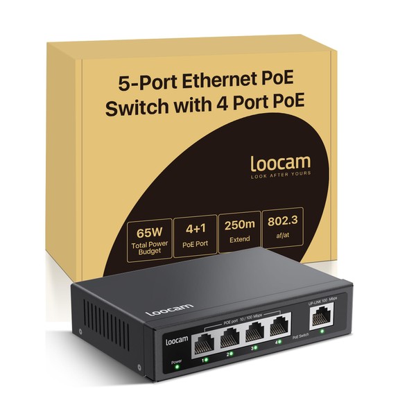 Loocam 5 Port PoE Switch, 4 PoE+ Port with 1 Uplink Port, 10/100 Mbps Unmanaged Ethernet Switch for 65W, IEEE802.3af/at, Metal Housing, Table or Wall Mounting, Plug & Play