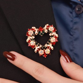 Kercisbeauty Christmas Gold Green Wreath Red Heart Brooch Pin Women Mens Festival Statement Rhinestones Crystal Brooches (Heart)