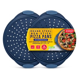 Bakken Pizza Baking Pan - Round Perforated Carbon Steel Pan with Non-Stick Marble Coating, Oversized Silicone Handle, Dishwasher Safe, High-Temperature Resistant, Durable & Easy Cleanup Blue, 2 Pack