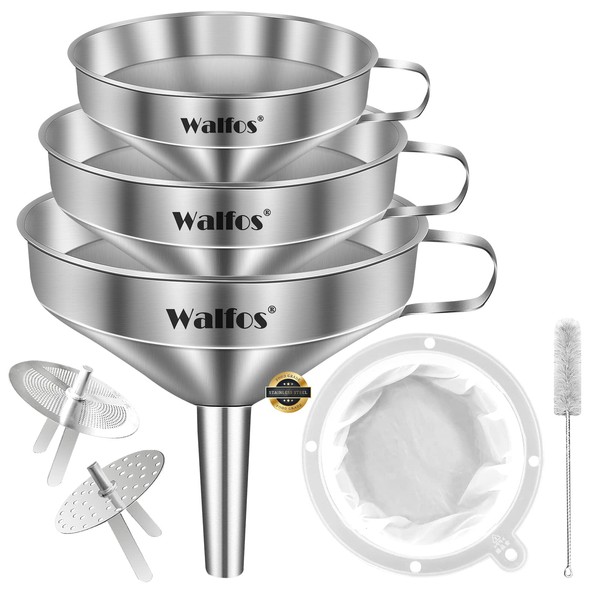 Walfos 3Pcs Kitchen Funnel with 2 Removable Strainer ＆ 1 Cleaning Brush & 1Pc 200 Mesh Food Filter Strainer, Food Grade Stainless Steel Funnel for Transferring of Liquid, Oils, Jam, Dry Ingredients
