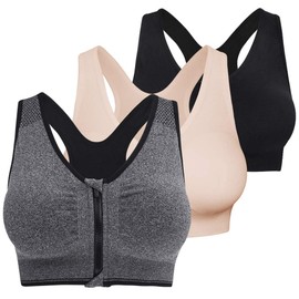 Fapreit Women's Zip Front Closure Sports Bra - Seamless Wirefree Post Surgery Zipper Padded Racerback Workout Gym Yoga Bras (Black, Grey, Beige)