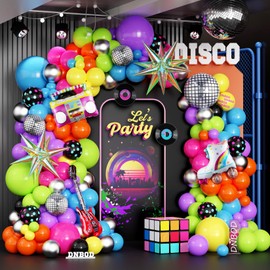 DNBOD 90s Retro Party Balloon Garland Kit,135Pcs Mix Neon Colors Balloon Arch with Radio,Guitar,Roller Skate,Laser Explosion Star,Disco Ball foil Balloons for Back to 80s 90s Rock Theme Party Decorations