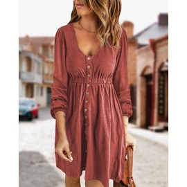BTFBM Women 2023 Casual Button Down Summer Fall Dresses Long Sleeve Crew Neck Solid High Waist Short Tunic Mini Dress(Long Buttons Brick Red, X-Large)