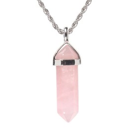 Natural Rose Quartz Gemstone Hexagonal Pointed Reiki Chakra Pendant Necklace 20" High-Grade Iron Gift Box
