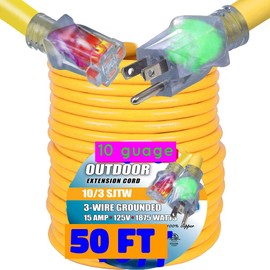 Pizety 50 ft Extension Cord 10/3 – Heavy Duty Outdoor Power Cable, 10 Gauge, 15 Amp, 125V/1875W, Lighted Ends, Weather-Resistant SJTW, UL Listed, 3-Prong Grounded