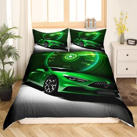 Homewish Green Race Car Boys Bedding Kids Single Duvet Cover Set Cool Sports Car Bedding Set, Extreme Sport Quilt Cover for Teens Adults, Speedometer Automobile Bedding & Linen