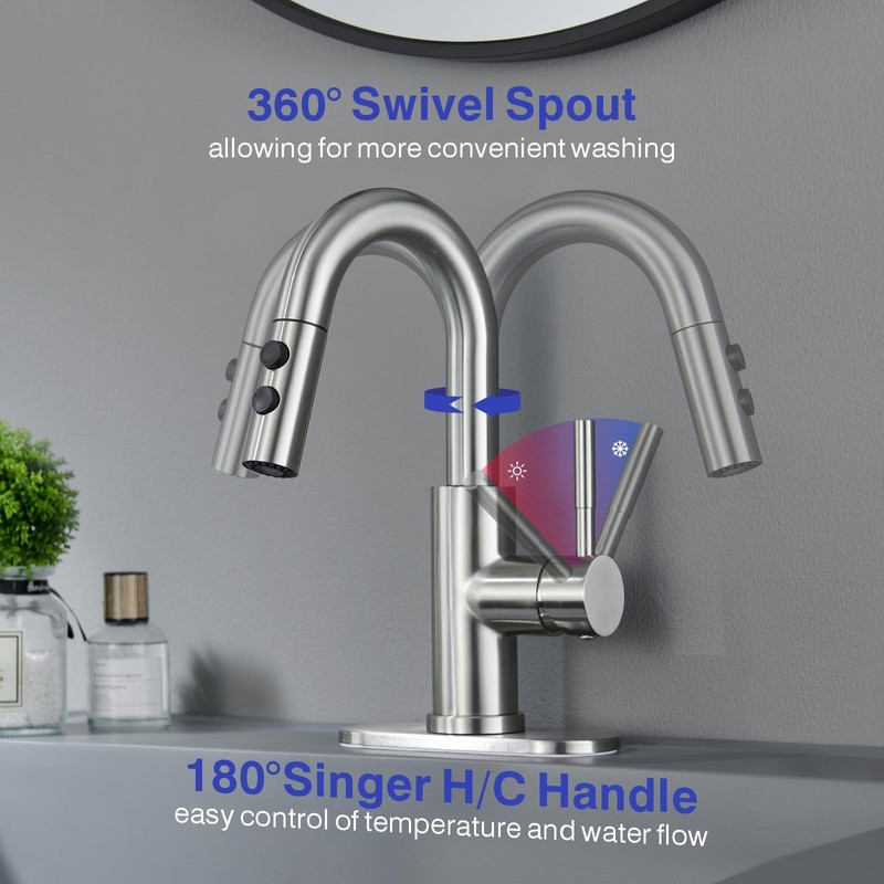 Kablle Bathroom Sink Faucet with Pull Down Sprayer, Brushed Nickel