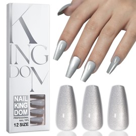 Silver Press on Nails Long Coffin Fake Nails Cat Eye Acrylic Nails Glitter Ombre Glue on Nails Winter Square False Nails Full Cover Glossy Stick on Nails for Women Manicure 96 Pcs - 12Size 4 in 1