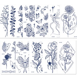 Qpout 11 Sheets Semi-Permanent Tattoos for Women Girls Realistic Temporary Tattoos Body Art Tattoo Stickers Dark Blue Waterproof Fake Tattoos Durable for 1-2 Weeks