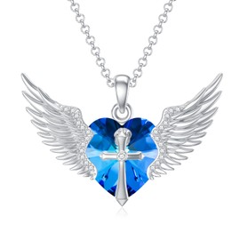 Flpruy Angel Wings Necklace with Cross Sterling Silver Guardian Angel Wings Pendant December Blue Garnet Birthstone Necklace Christmas Birthday Angel Jewelry Gifts for Women
