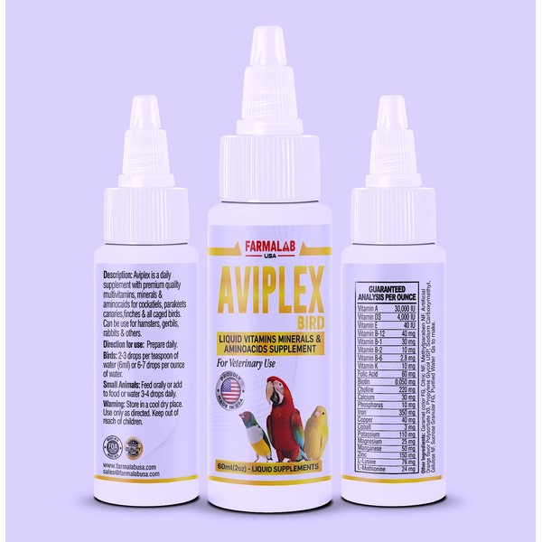Farmalab AVIPLEX Liquid Vitamins Minerals AMINOACIDS Supplement 60ml Budgies, Parakeet,