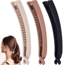 YALOJE 3pcs French Banana Hair Clips for Women, Non-Slip Hair Claws with Double Combs, Fish Shaped Hair Holder Thick Long Curly Hairstyling Accessories for Daily, Party-Black, Beige, Light Coffee