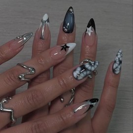 French Tip Press on Nails Medium Almond Fake Nails Press Ons Black White with Cool Designs Sliver Beads Metal Texture Star Glossy Glue on Nails Nude Artificial Stick on Nails for Women Girls 30 Pcs