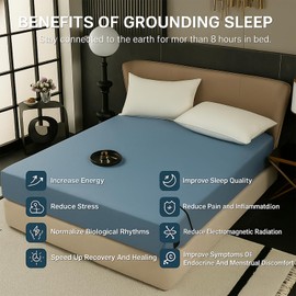 JiaPoem Grounding Bed Sheets- 90% Organic Cotton &10% Conductive Silver Fiber, Deep Pocket Fitted Grounded Sheet with Earth Connection Cord for Calm Sleep & Body Balance (Blue,King)