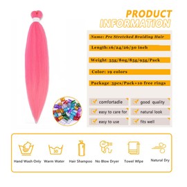 Roalnce Trenzado De Cabello Pre Estirado Para Mujeres Extensiones De Cabello Caja Trenzas Sintético Suave Sin Nudo Textura Yaki Trenza De Ajuste De Agua Caliente Rosa Fuerte (24 Pulgadas, 3 Paquetes)