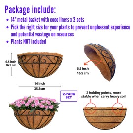 LaLaGreen Large Wall Planter Outdoor - 2 Pack, 14 Inch Large Fence Hanging Flower Baskets with Coco Liner, Herb Pots Holder Rail Planter Outside Railing Deck Porch Balcony Vertical Garden Privacy Wall