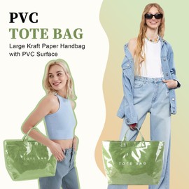 Iqimott PVC Tote Bag for Women, Letter Print Tote Bags Large Kraft Paper Handbag Carry All Hobo Bag, Clear Work Tote Top Handle Bag (Grass Green)