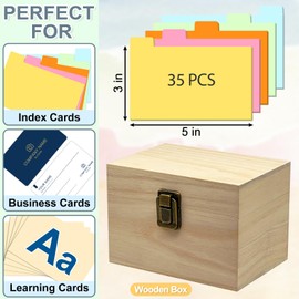 DSYIL Index Card Holder, Wooden Index Card Box, 3 x 5 Flash Cards Holder with 35 Dividers, Recipe Cards Case for Organizing Business Cards, Study Cards and Note Cards