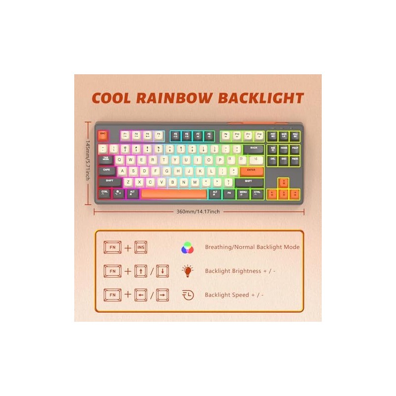 ATTACK SHARK M87 80 Teclado Inalámbrico para Juegos,87 Teclas Rainbow