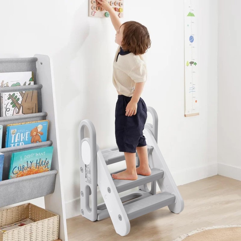 Foldable Toddler Step Stool for Kids, Adjustable 3 Steps Stool