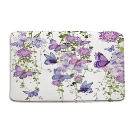 Flower Butterfly Bath Mat Purple Floral Watercolor Butterflies Bathroom Bedroom Kitchen Rug Soft Memory Foam Backing 16x24 Inches