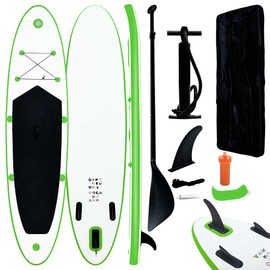 vidaXL Stand Up Paddleboard Set, Inflatable & Easy to Transport, Durable with High-Pressure Screw Valves, Ideal for Recreational Paddling and Small Waves, Green and White, Includes Carrying Bag